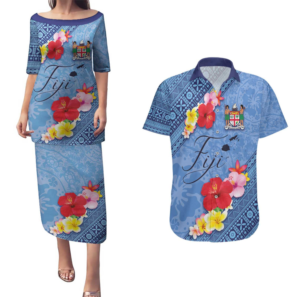 Bula Fiji Hibiscus and Plumeria Flowers Couples Matching Puletasi and Hawaiian Shirt Tapa Tattoo Polynesian Pattern LT03 Blue - Polynesian Pride