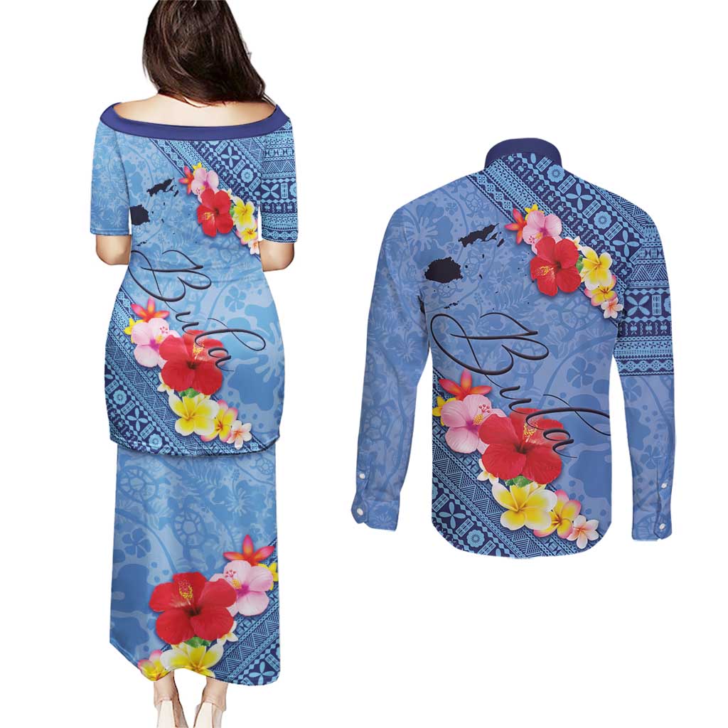 Bula Fiji Hibiscus and Plumeria Flowers Couples Matching Puletasi and Long Sleeve Button Shirt Tapa Tattoo Polynesian Pattern LT03 - Polynesian Pride