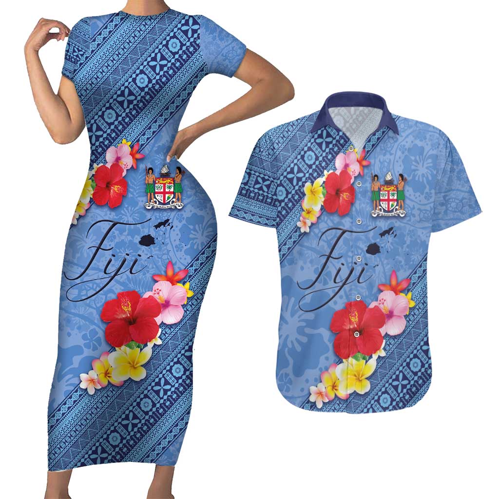 Bula Fiji Hibiscus and Plumeria Flowers Couples Matching Short Sleeve Bodycon Dress and Hawaiian Shirt Tapa Tattoo Polynesian Pattern LT03 Blue - Polynesian Pride