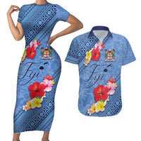 Bula Fiji Hibiscus and Plumeria Flowers Couples Matching Short Sleeve Bodycon Dress and Hawaiian Shirt Tapa Tattoo Polynesian Pattern LT03 Blue - Polynesian Pride