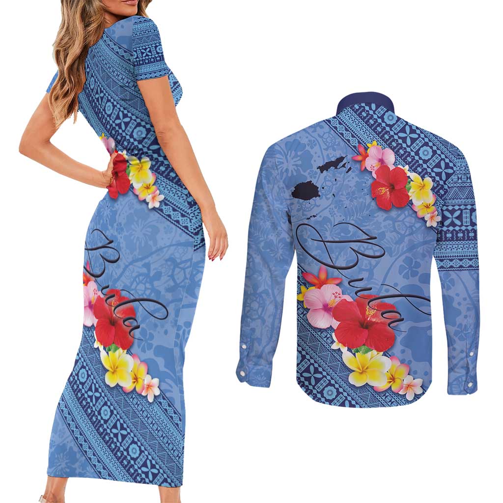 Bula Fiji Hibiscus and Plumeria Flowers Couples Matching Short Sleeve Bodycon Dress and Long Sleeve Button Shirt Tapa Tattoo Polynesian Pattern LT03 - Polynesian Pride