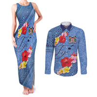 Bula Fiji Hibiscus and Plumeria Flowers Couples Matching Tank Maxi Dress and Long Sleeve Button Shirt Tapa Tattoo Polynesian Pattern LT03 Blue - Polynesian Pride