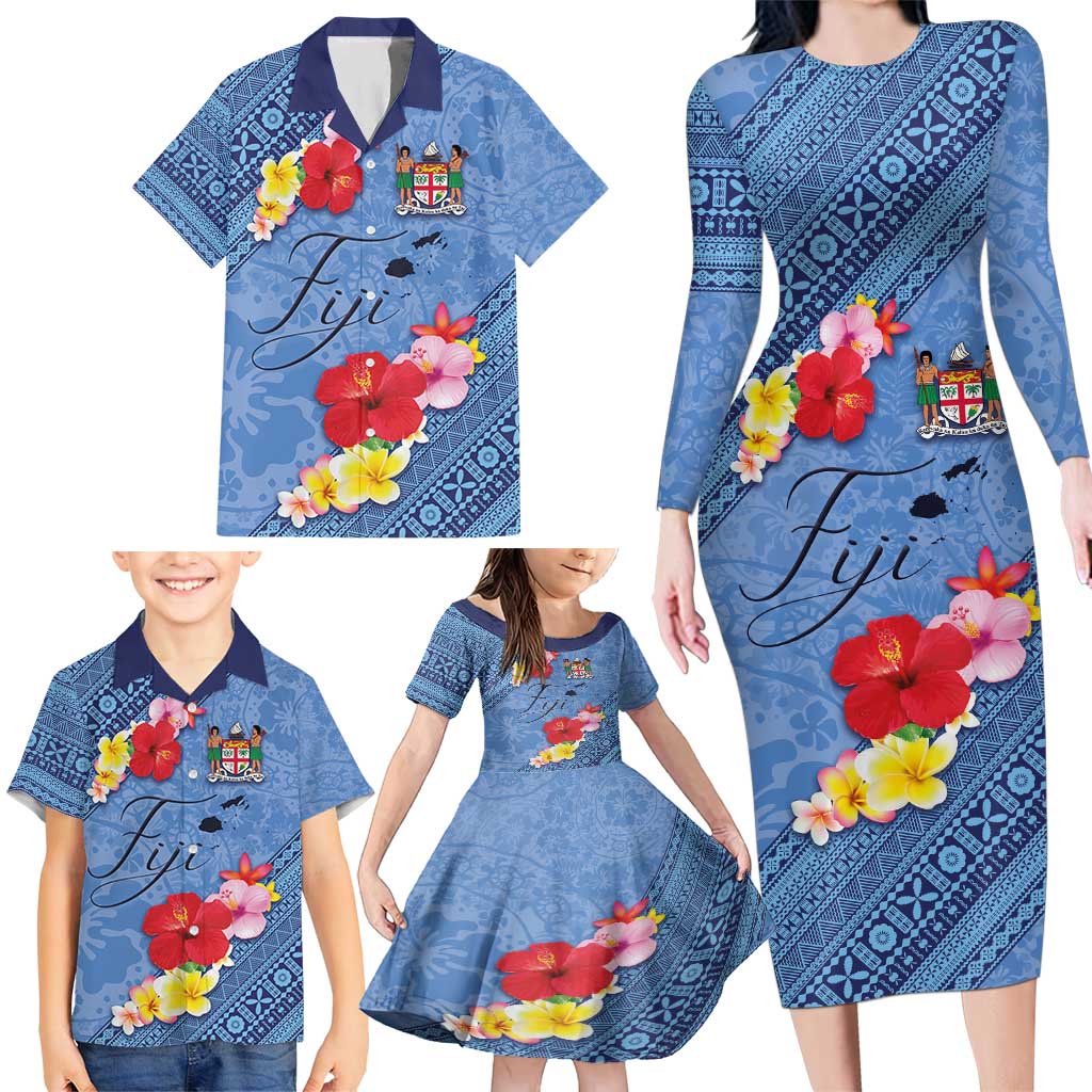 Bula Fiji Hibiscus and Plumeria Flowers Family Matching Long Sleeve Bodycon Dress and Hawaiian Shirt Tapa Tattoo Polynesian Pattern LT03 - Polynesian Pride