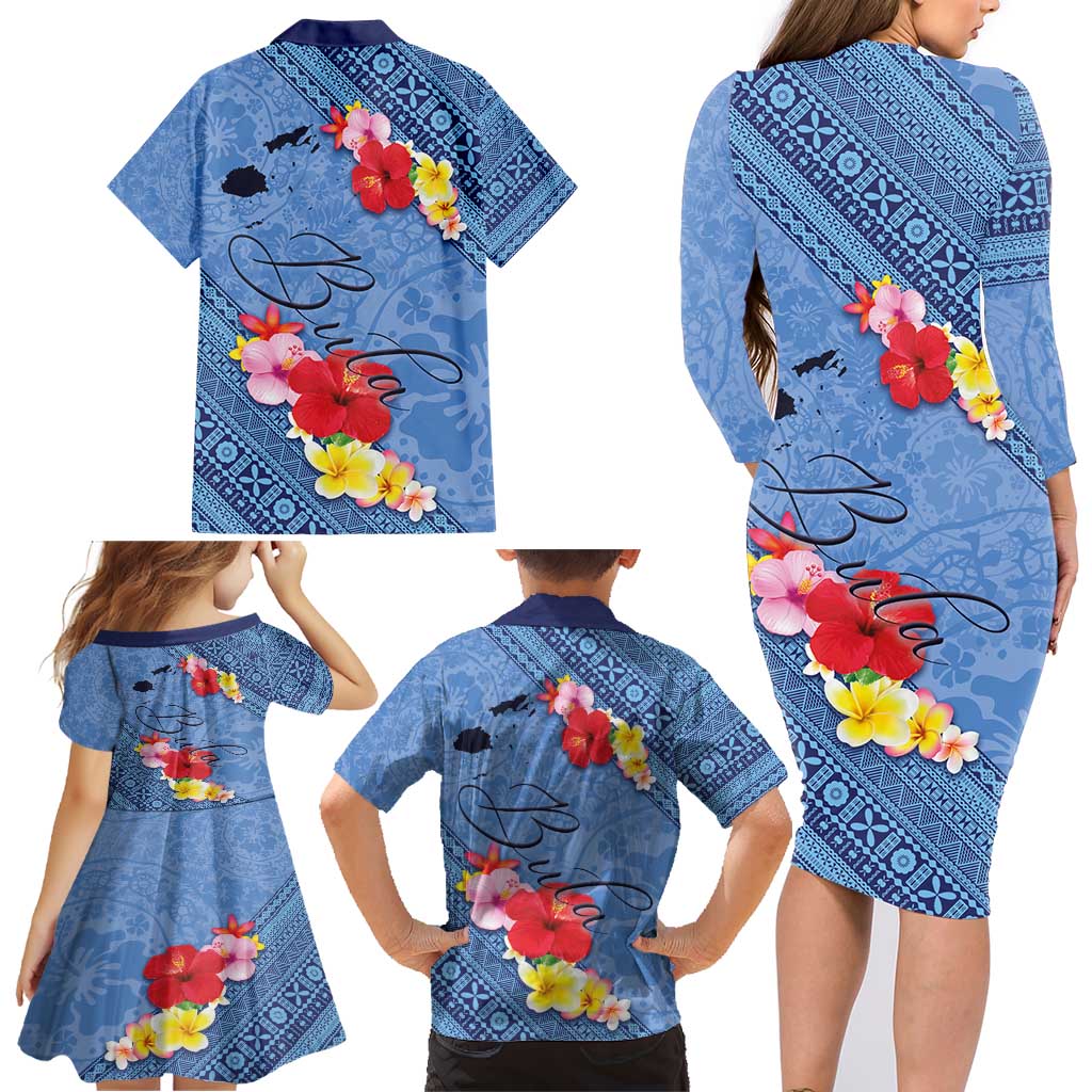 Bula Fiji Hibiscus and Plumeria Flowers Family Matching Long Sleeve Bodycon Dress and Hawaiian Shirt Tapa Tattoo Polynesian Pattern LT03 - Polynesian Pride