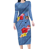 Bula Fiji Hibiscus and Plumeria Flowers Family Matching Long Sleeve Bodycon Dress and Hawaiian Shirt Tapa Tattoo Polynesian Pattern LT03 Mom's Dress Blue - Polynesian Pride