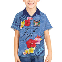 Bula Fiji Hibiscus and Plumeria Flowers Family Matching Long Sleeve Bodycon Dress and Hawaiian Shirt Tapa Tattoo Polynesian Pattern LT03 Son's Shirt Blue - Polynesian Pride