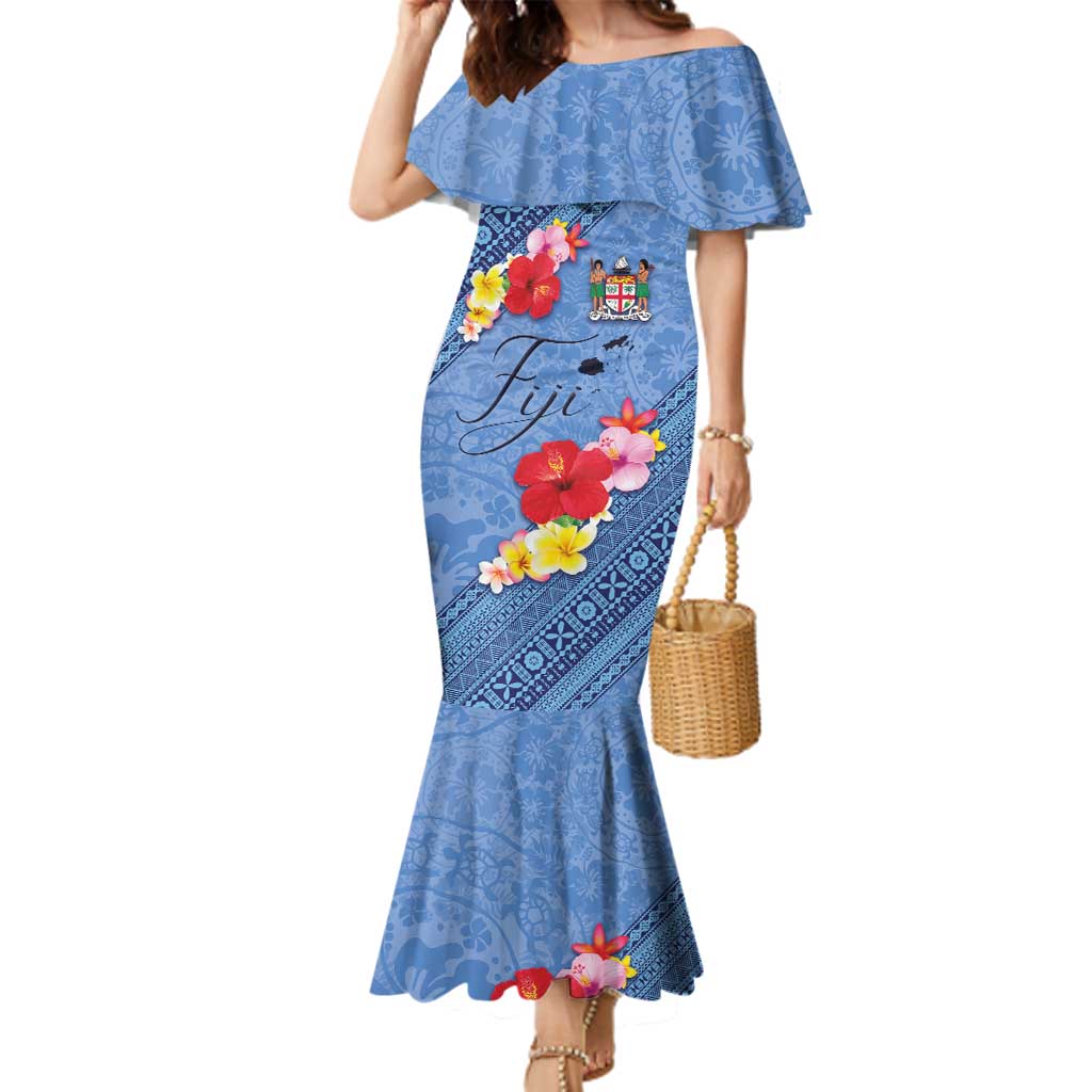 Bula Fiji Hibiscus and Plumeria Flowers Family Matching Mermaid Dress and Hawaiian Shirt Tapa Tattoo Polynesian Pattern LT03 Mom's Dress Blue - Polynesian Pride