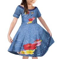 Bula Fiji Hibiscus and Plumeria Flowers Family Matching Off The Shoulder Long Sleeve Dress and Hawaiian Shirt Tapa Tattoo Polynesian Pattern LT03 Daughter's Dress Blue - Polynesian Pride