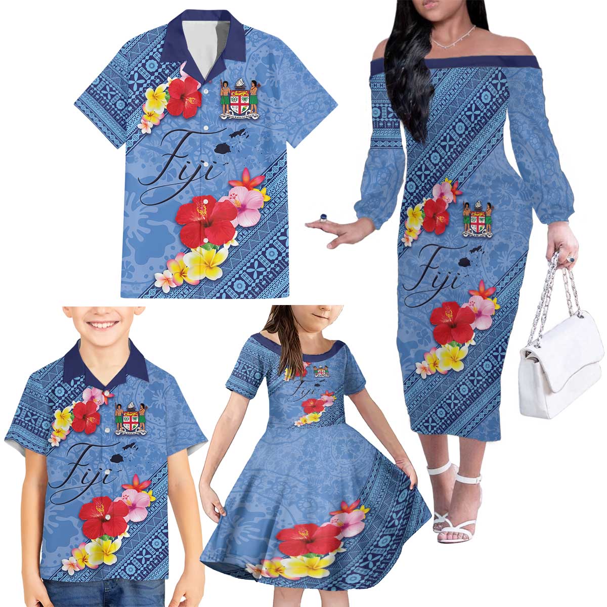Bula Fiji Hibiscus and Plumeria Flowers Family Matching Off The Shoulder Long Sleeve Dress and Hawaiian Shirt Tapa Tattoo Polynesian Pattern LT03 - Polynesian Pride