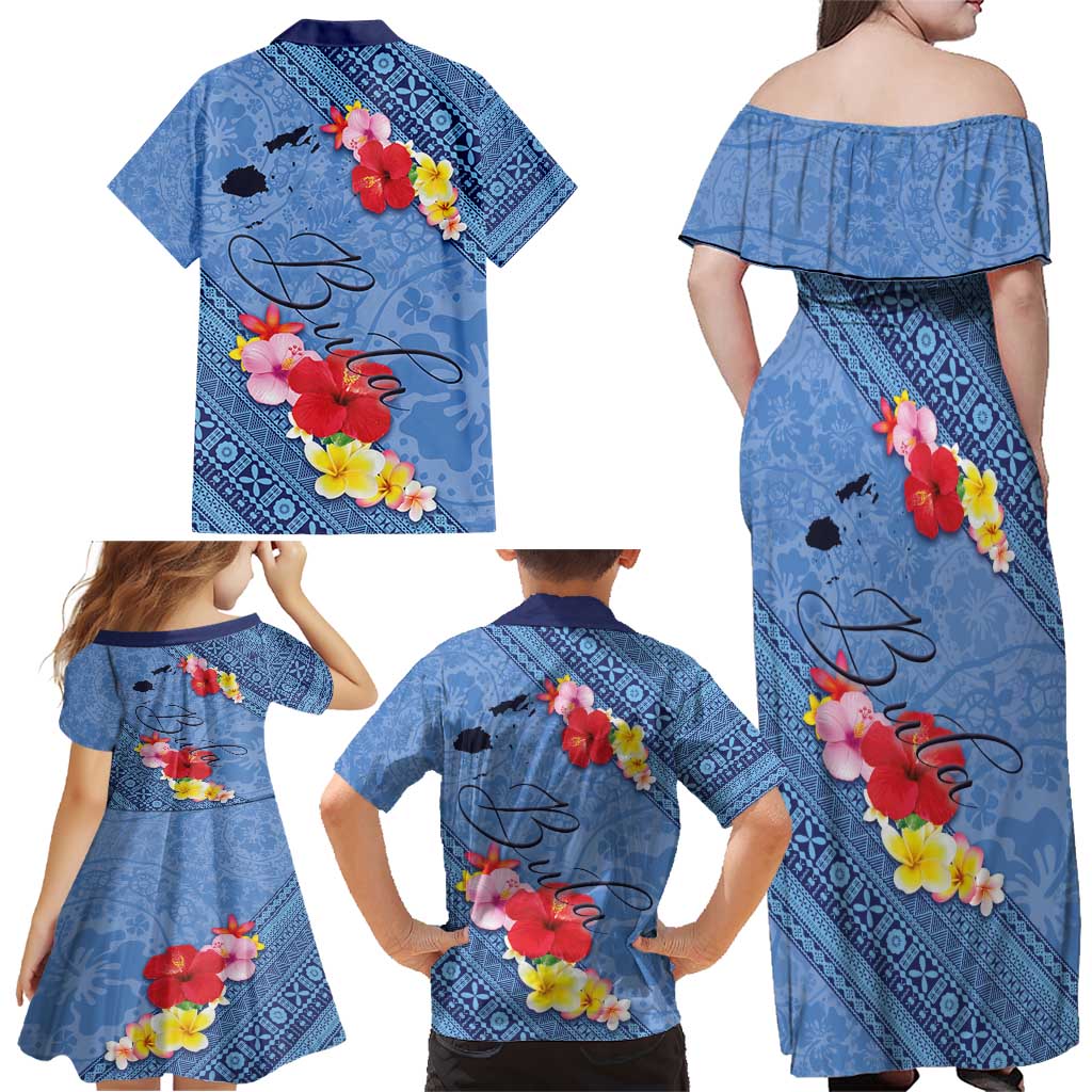 Bula Fiji Hibiscus and Plumeria Flowers Family Matching Off Shoulder Maxi Dress and Hawaiian Shirt Tapa Tattoo Polynesian Pattern LT03 - Polynesian Pride