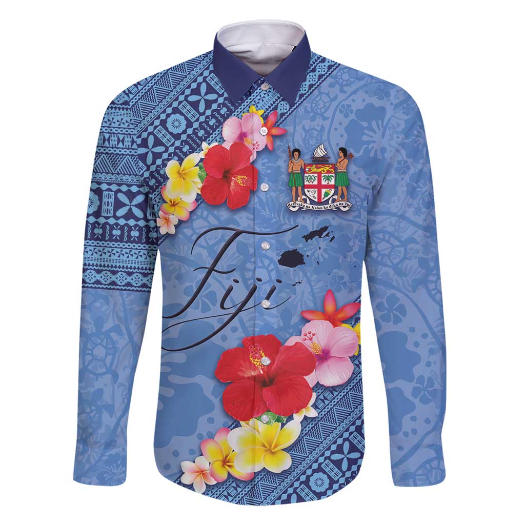 Bula Fiji Hibiscus and Plumeria Flowers Family Matching Off Shoulder Maxi Dress and Hawaiian Shirt Tapa Tattoo Polynesian Pattern LT03 Dad's Shirt - Long Sleeve Blue - Polynesian Pride