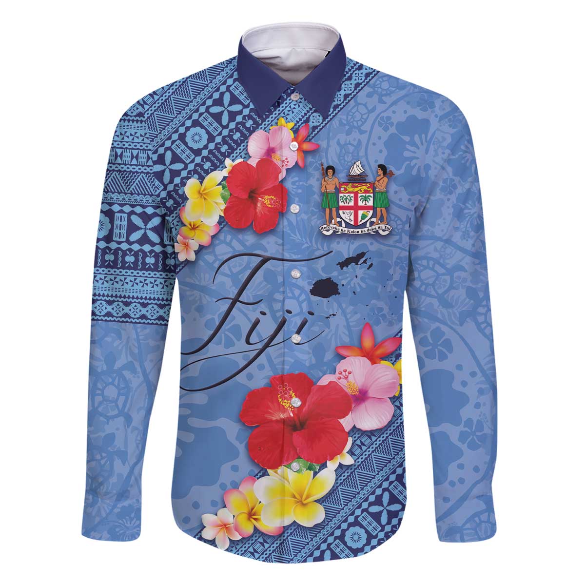 Bula Fiji Hibiscus and Plumeria Flowers Family Matching Off Shoulder Short Dress and Hawaiian Shirt Tapa Tattoo Polynesian Pattern LT03 Dad's Shirt - Long Sleeve Blue - Polynesian Pride