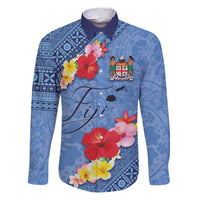 Bula Fiji Hibiscus and Plumeria Flowers Family Matching Puletasi and Hawaiian Shirt Tapa Tattoo Polynesian Pattern LT03 Dad's Shirt - Long Sleeve Blue - Polynesian Pride
