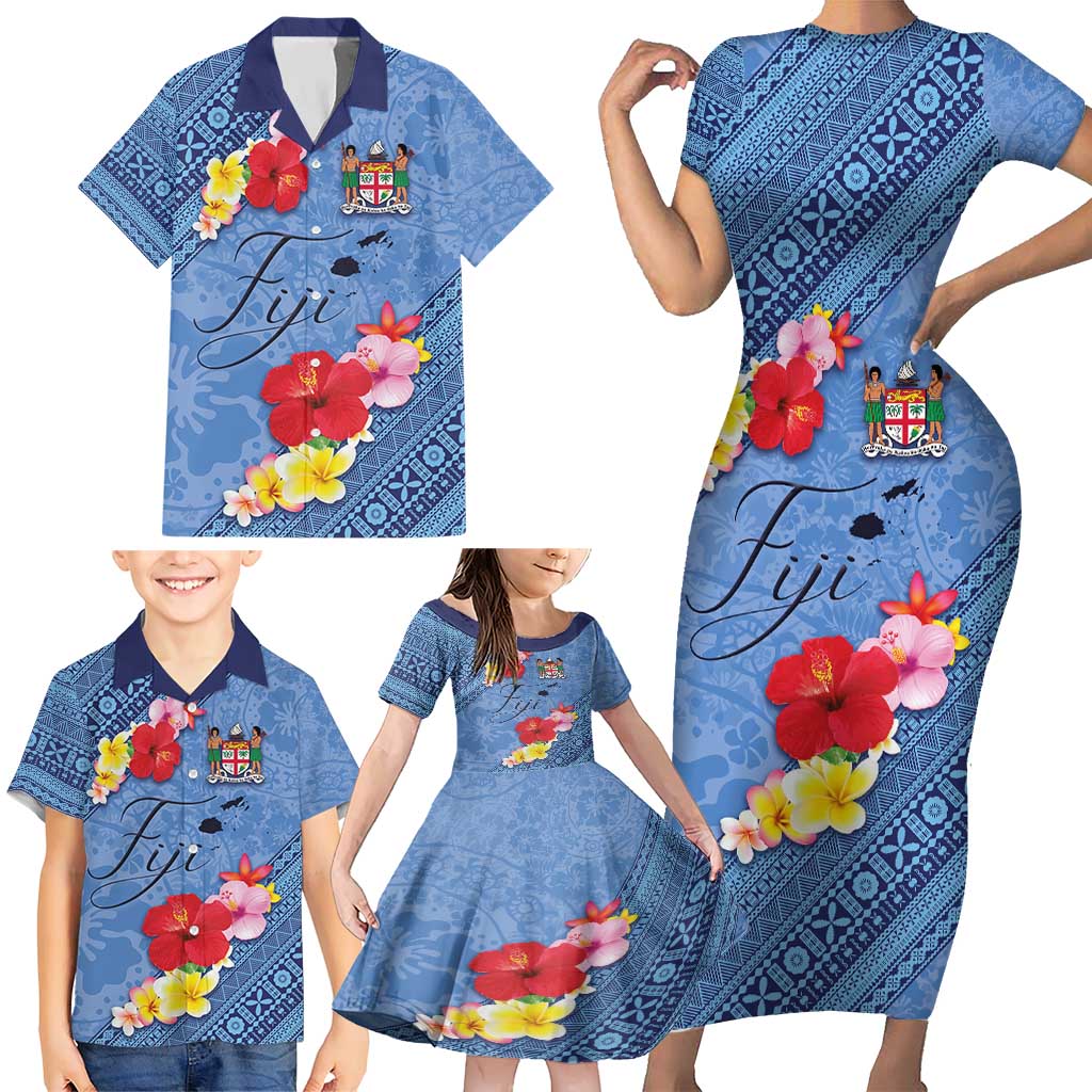 Bula Fiji Hibiscus and Plumeria Flowers Family Matching Short Sleeve Bodycon Dress and Hawaiian Shirt Tapa Tattoo Polynesian Pattern LT03 - Polynesian Pride