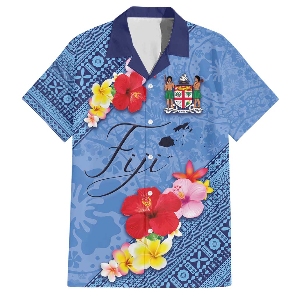 Bula Fiji Hibiscus and Plumeria Flowers Family Matching Short Sleeve Bodycon Dress and Hawaiian Shirt Tapa Tattoo Polynesian Pattern LT03 Dad's Shirt - Short Sleeve Blue - Polynesian Pride