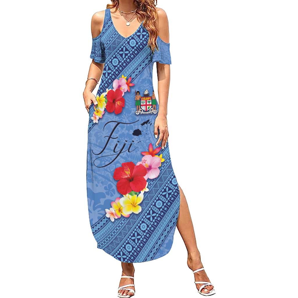 Bula Fiji Hibiscus and Plumeria Flowers Family Matching Summer Maxi Dress and Hawaiian Shirt Tapa Tattoo Polynesian Pattern LT03 Mom's Dress Blue - Polynesian Pride