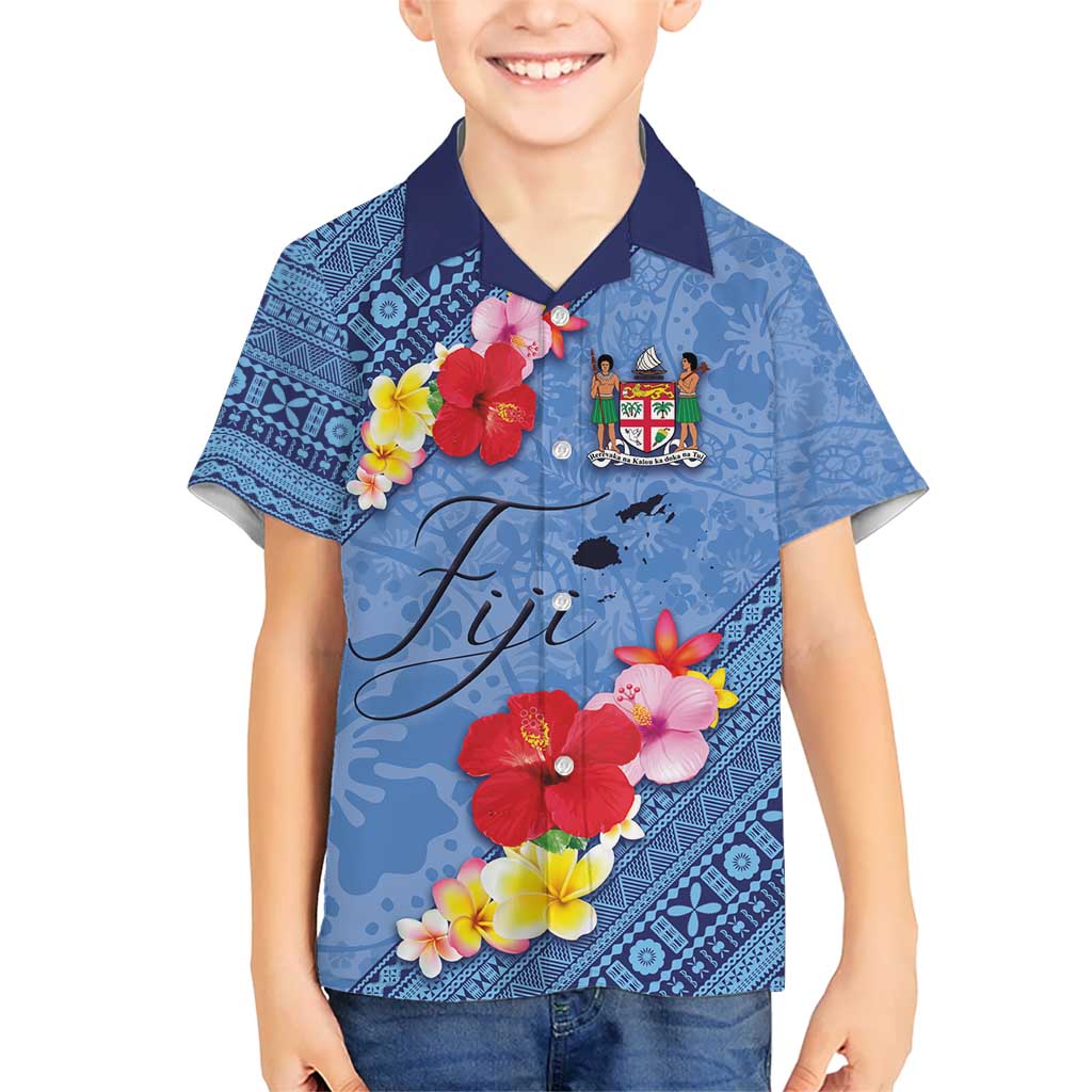 Bula Fiji Hibiscus and Plumeria Flowers Kid Hawaiian Shirt Tapa Tattoo Polynesian Pattern LT03 Kid Blue - Polynesian Pride