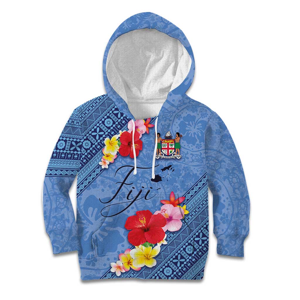 Bula Fiji Hibiscus and Plumeria Flowers Kid Hoodie Tapa Tattoo Polynesian Pattern LT03 Hoodie Blue - Polynesian Pride