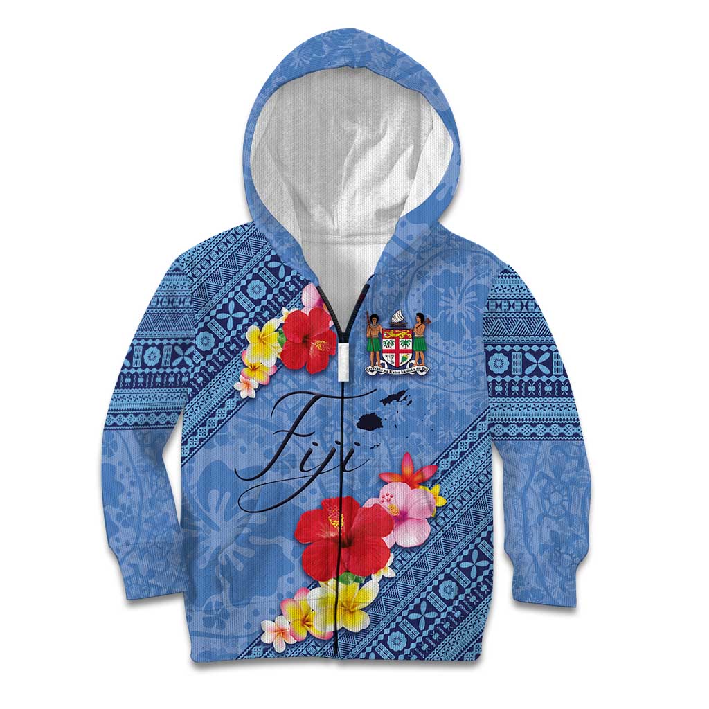 Bula Fiji Hibiscus and Plumeria Flowers Kid Hoodie Tapa Tattoo Polynesian Pattern LT03 Zip Hoodie Blue - Polynesian Pride