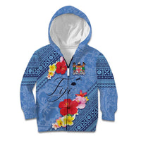 Bula Fiji Hibiscus and Plumeria Flowers Kid Hoodie Tapa Tattoo Polynesian Pattern LT03 Zip Hoodie Blue - Polynesian Pride