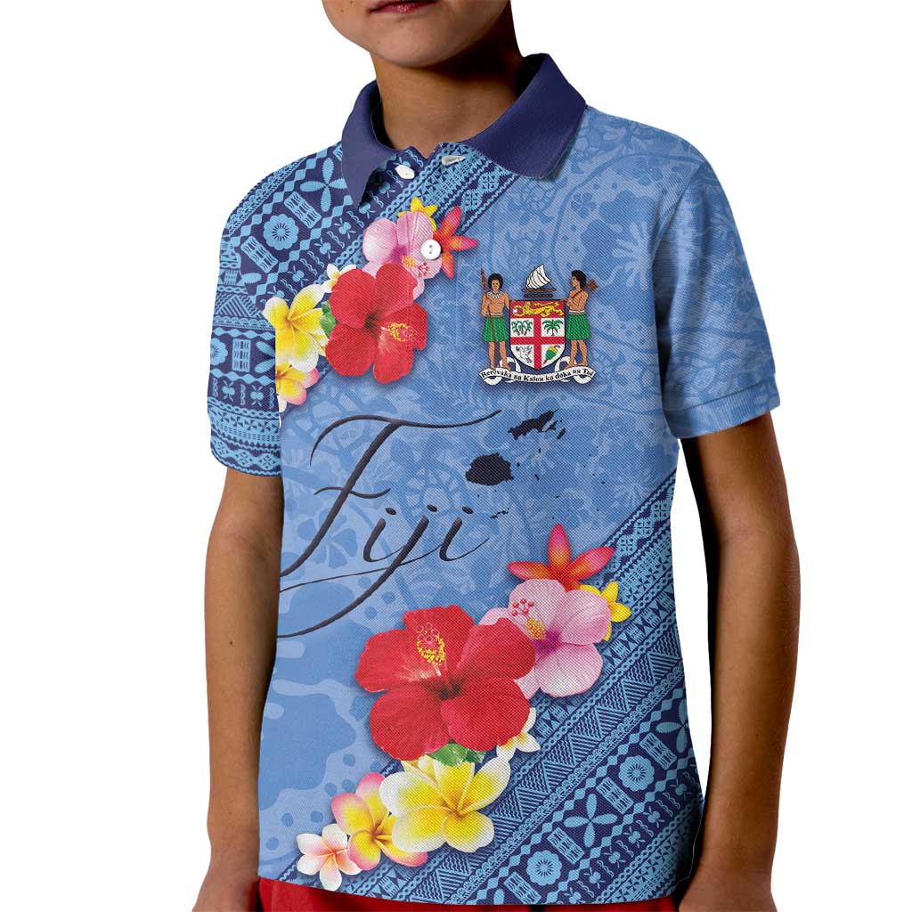Bula Fiji Hibiscus and Plumeria Flowers Kid Polo Shirt Tapa Tattoo Polynesian Pattern LT03 Kid Blue - Polynesian Pride