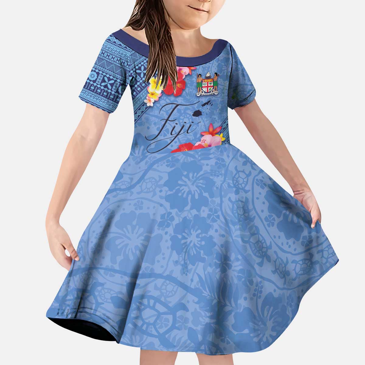 Bula Fiji Hibiscus and Plumeria Flowers Kid Short Sleeve Dress Tapa Tattoo Polynesian Pattern