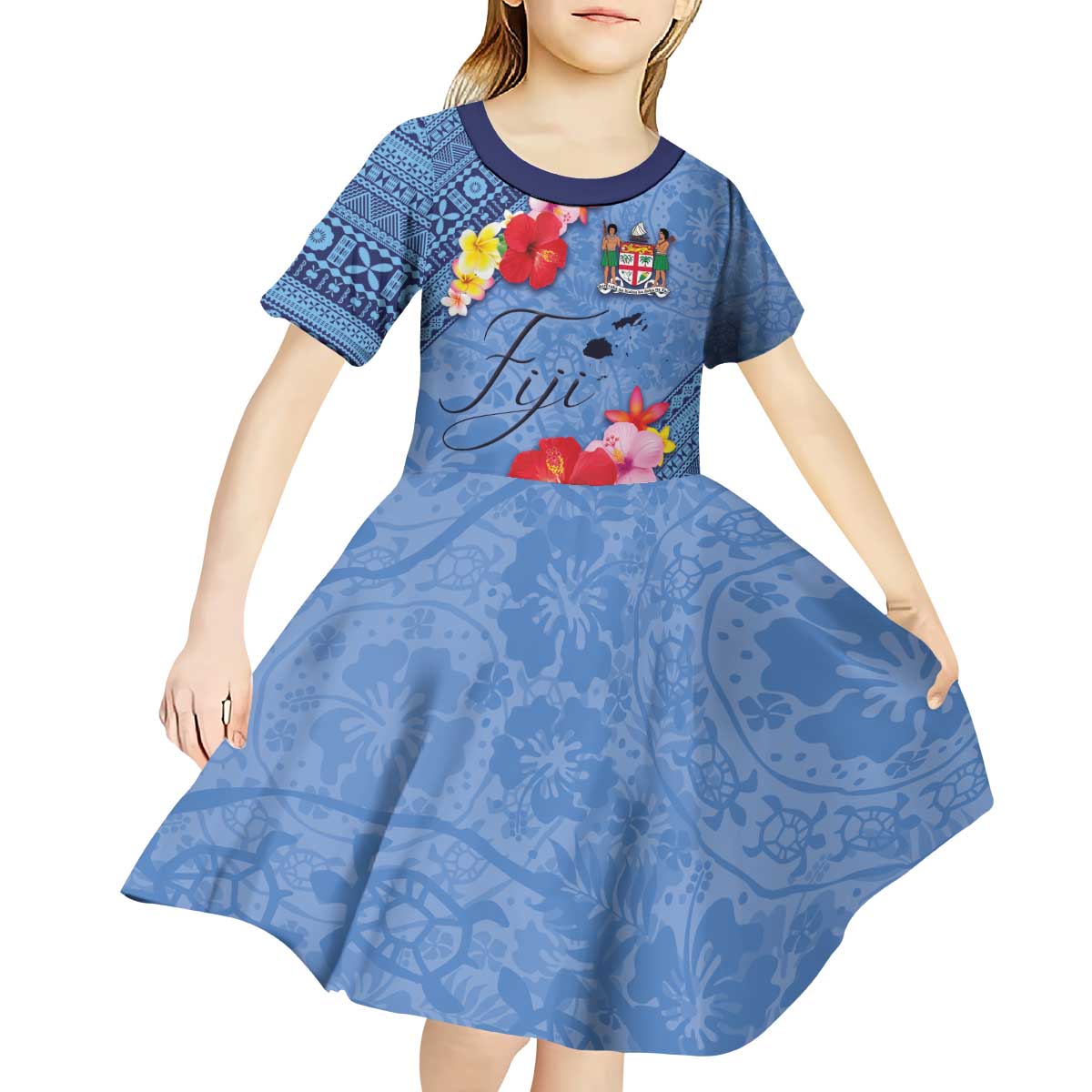Bula Fiji Hibiscus and Plumeria Flowers Kid Short Sleeve Dress Tapa Tattoo Polynesian Pattern LT03 - Polynesian Pride
