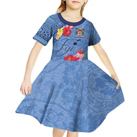 Bula Fiji Hibiscus and Plumeria Flowers Kid Short Sleeve Dress Tapa Tattoo Polynesian Pattern LT03 - Polynesian Pride