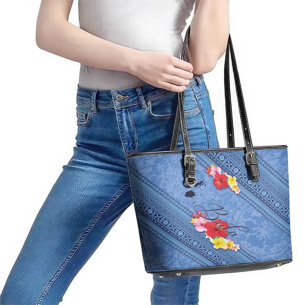 Bula Fiji Hibiscus and Plumeria Flowers Leather Tote Bag Tapa Tattoo Polynesian Pattern