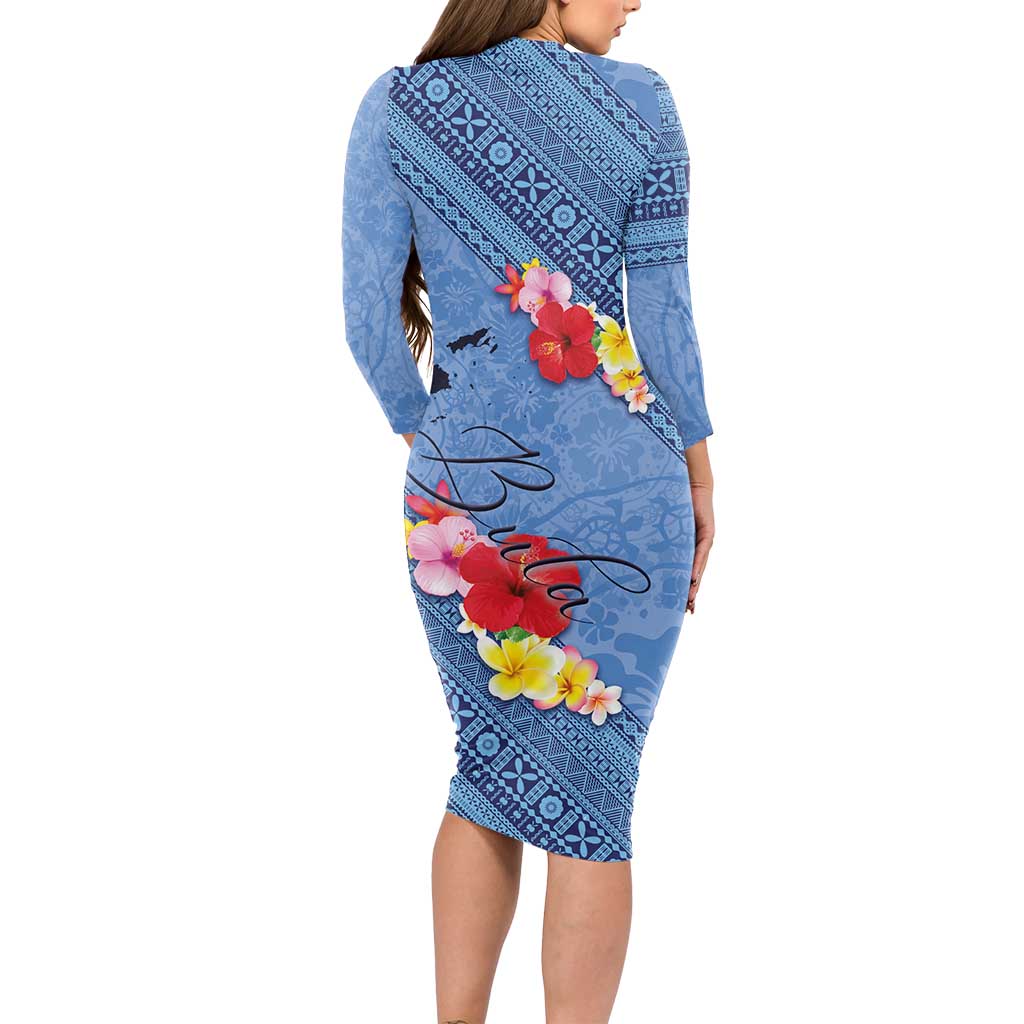 Bula Fiji Hibiscus and Plumeria Flowers Long Sleeve Bodycon Dress Tapa Tattoo Polynesian Pattern LT03 - Polynesian Pride