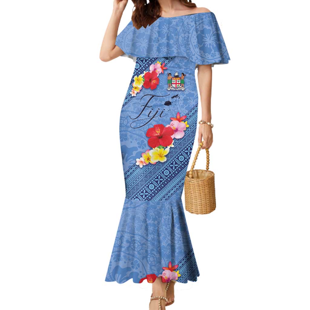 Bula Fiji Hibiscus and Plumeria Flowers Mermaid Dress Tapa Tattoo Polynesian Pattern LT03 Women Blue - Polynesian Pride