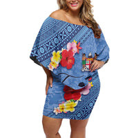 Bula Fiji Hibiscus and Plumeria Flowers Off Shoulder Short Dress Tapa Tattoo Polynesian Pattern LT03 Women Blue - Polynesian Pride