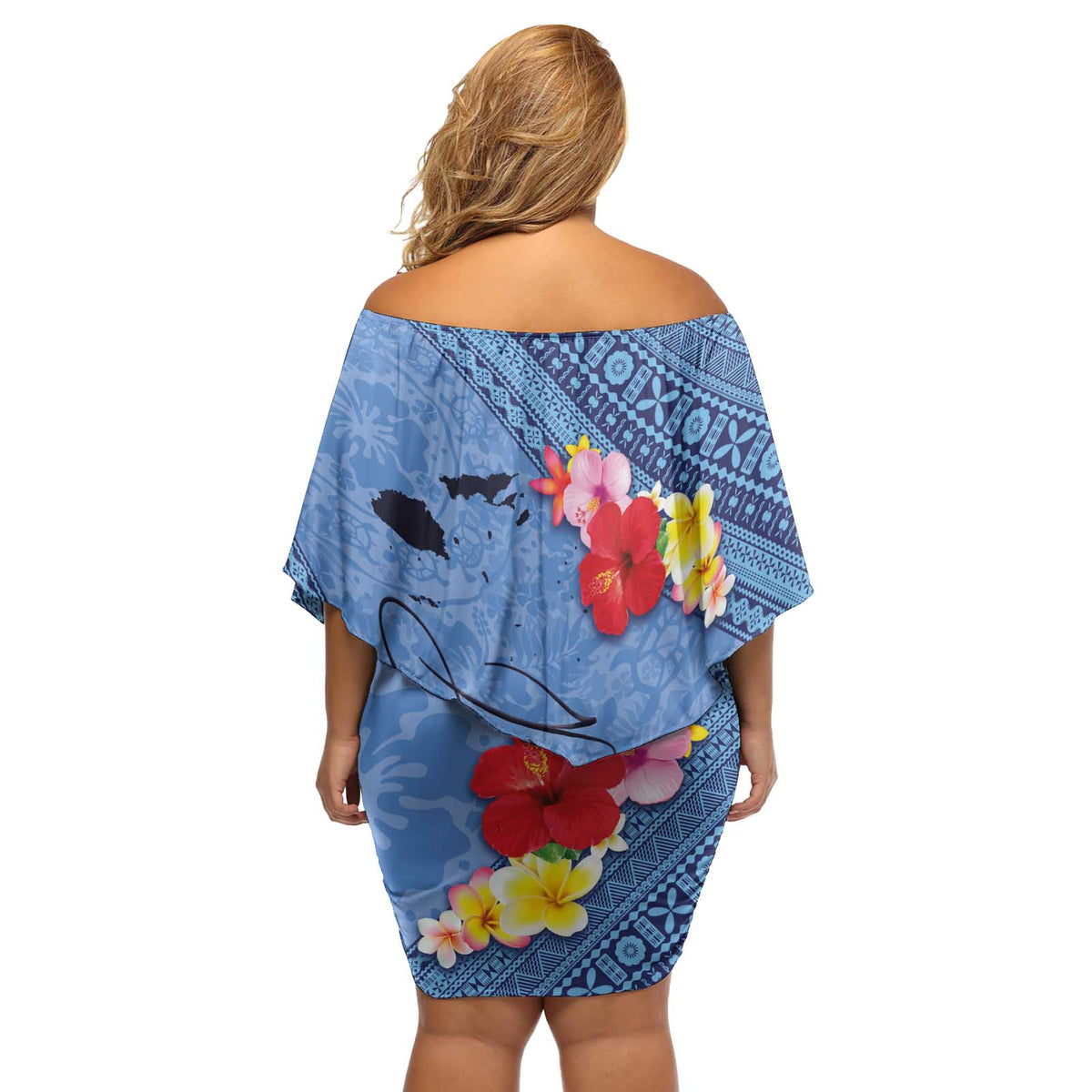Bula Fiji Hibiscus and Plumeria Flowers Off Shoulder Short Dress Tapa Tattoo Polynesian Pattern LT03 - Polynesian Pride