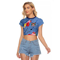 Bula Fiji Hibiscus and Plumeria Flowers Raglan Cropped T Shirt Tapa Tattoo Polynesian Pattern LT03 Female Blue - Polynesian Pride