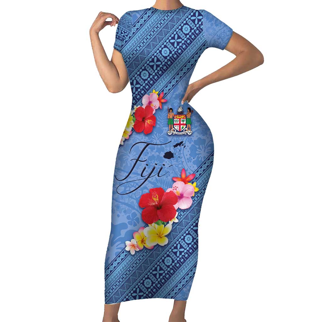 Bula Fiji Hibiscus and Plumeria Flowers Short Sleeve Bodycon Dress Tapa Tattoo Polynesian Pattern LT03 Long Dress Blue - Polynesian Pride