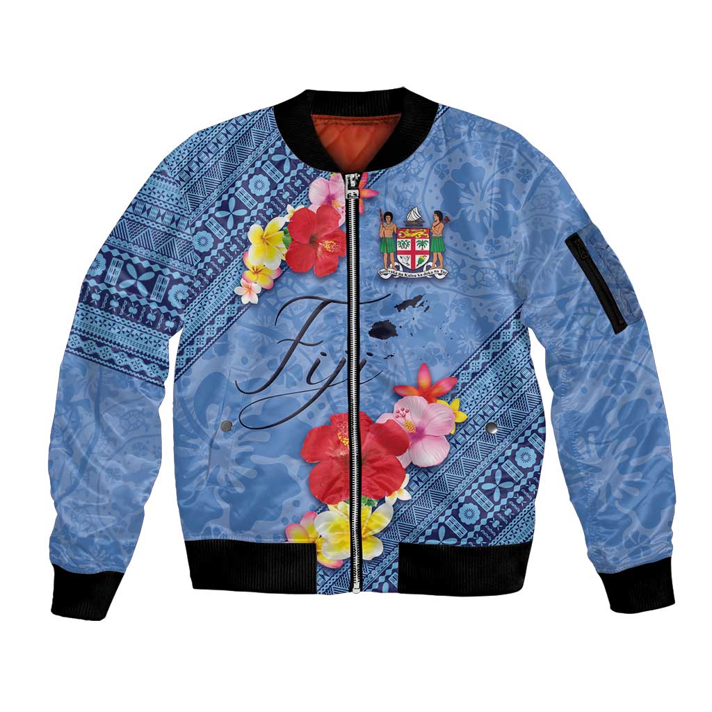 Bula Fiji Hibiscus and Plumeria Flowers Sleeve Zip Bomber Jacket Tapa Tattoo Polynesian Pattern LT03 Unisex Blue - Polynesian Pride