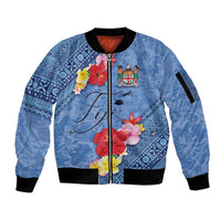Bula Fiji Hibiscus and Plumeria Flowers Sleeve Zip Bomber Jacket Tapa Tattoo Polynesian Pattern LT03 Unisex Blue - Polynesian Pride