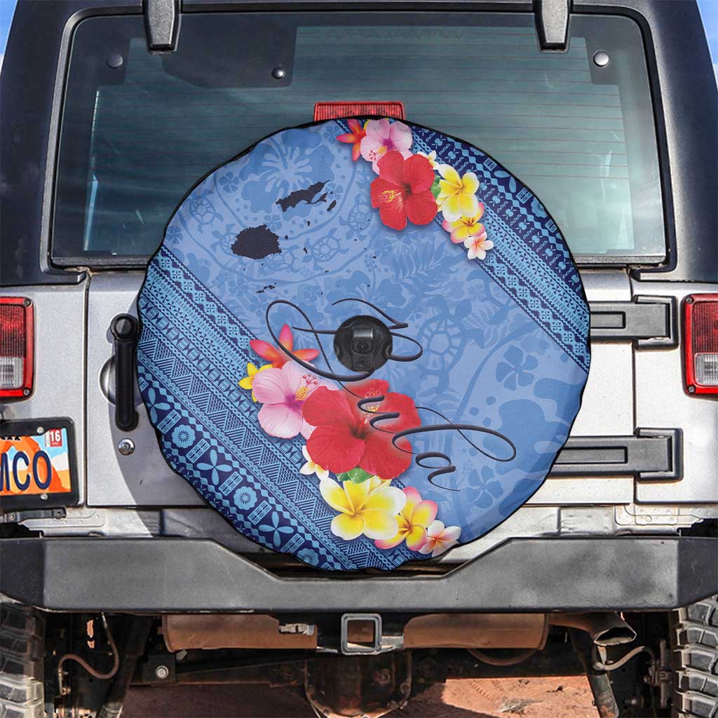 Bula Fiji Hibiscus and Plumeria Flowers Spare Tire Cover Tapa Tattoo Polynesian Pattern LT03 Blue - Polynesian Pride