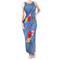 Bula Fiji Hibiscus and Plumeria Flowers Tank Maxi Dress Tapa Tattoo Polynesian Pattern LT03 Women Blue - Polynesian Pride