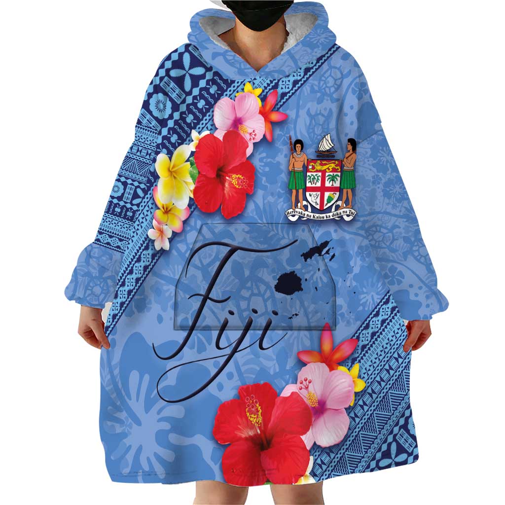 Bula Fiji Hibiscus and Plumeria Flowers Wearable Blanket Hoodie Tapa Tattoo Polynesian Pattern LT03 - Polynesian Pride