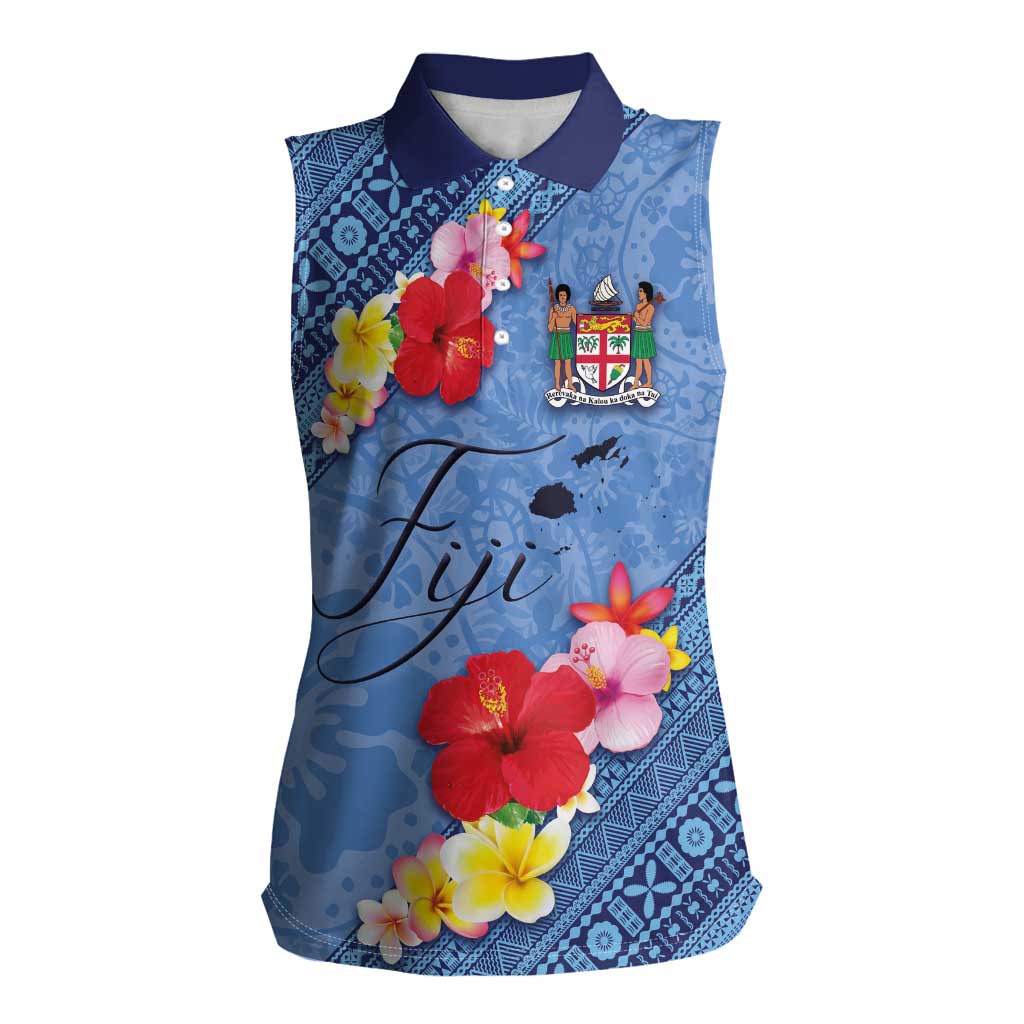 Bula Fiji Hibiscus and Plumeria Flowers Women Sleeveless Polo Shirt Tapa Tattoo Polynesian Pattern LT03 Female Blue - Polynesian Pride