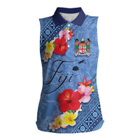 Bula Fiji Hibiscus and Plumeria Flowers Women Sleeveless Polo Shirt Tapa Tattoo Polynesian Pattern LT03 Female Blue - Polynesian Pride