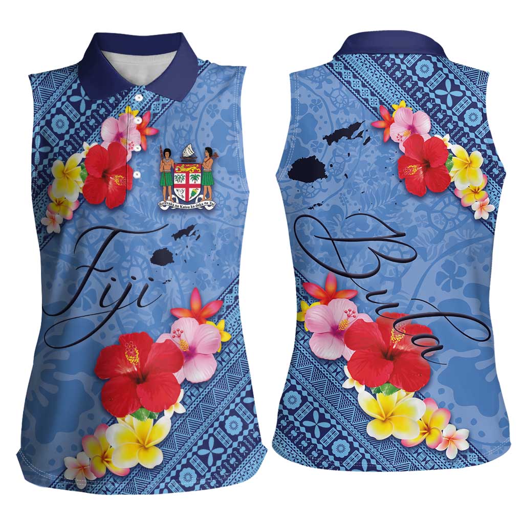 Bula Fiji Hibiscus and Plumeria Flowers Women Sleeveless Polo Shirt Tapa Tattoo Polynesian Pattern LT03 - Polynesian Pride