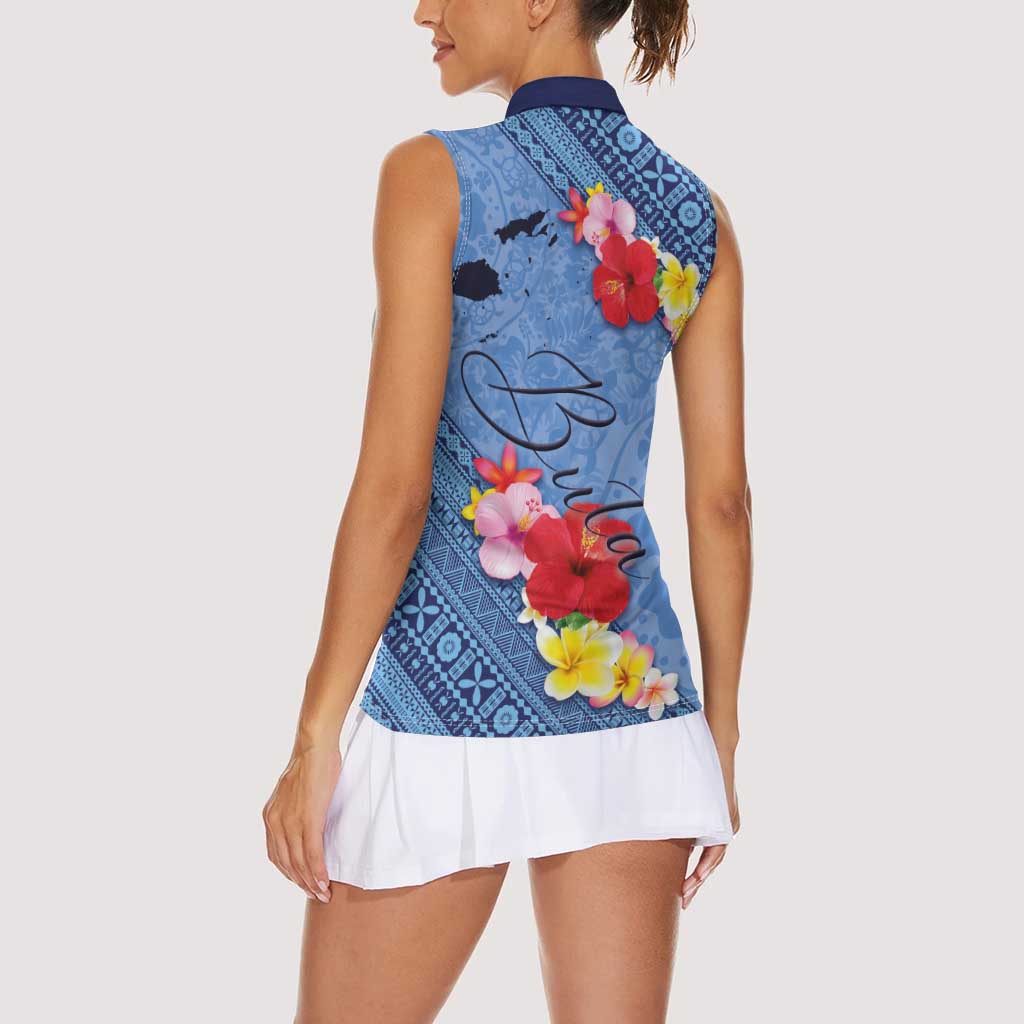Bula Fiji Hibiscus and Plumeria Flowers Women Sleeveless Polo Shirt Tapa Tattoo Polynesian Pattern LT03 - Polynesian Pride
