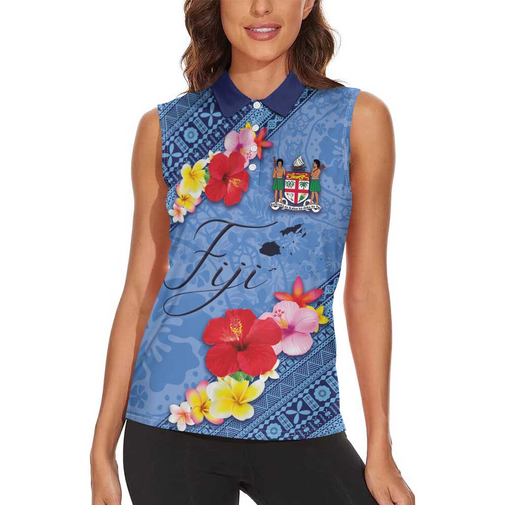 Bula Fiji Hibiscus and Plumeria Flowers Women Sleeveless Polo Shirt Tapa Tattoo Polynesian Pattern LT03 - Polynesian Pride