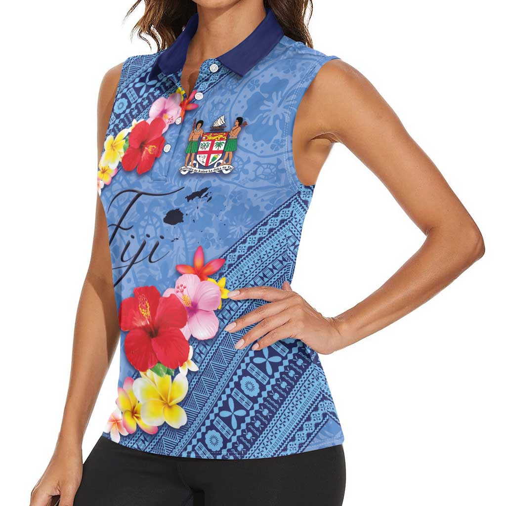 Bula Fiji Hibiscus and Plumeria Flowers Women Sleeveless Polo Shirt Tapa Tattoo Polynesian Pattern LT03 - Polynesian Pride