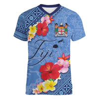 Bula Fiji Hibiscus and Plumeria Flowers Women V-Neck T-Shirt Tapa Tattoo Polynesian Pattern LT03 Female Blue - Polynesian Pride