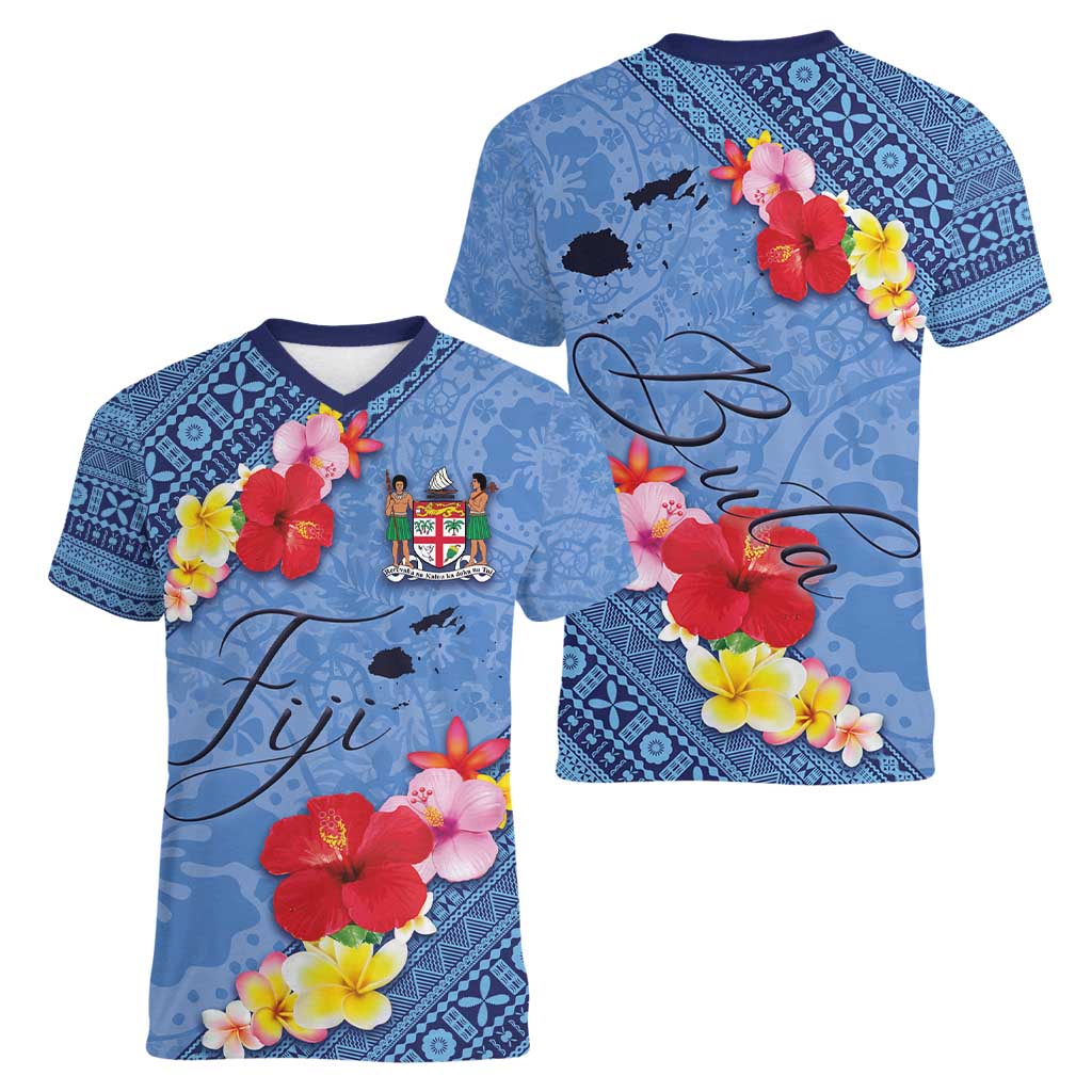 Bula Fiji Hibiscus and Plumeria Flowers Women V-Neck T-Shirt Tapa Tattoo Polynesian Pattern LT03 - Polynesian Pride