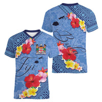Bula Fiji Hibiscus and Plumeria Flowers Women V-Neck T-Shirt Tapa Tattoo Polynesian Pattern LT03 - Polynesian Pride