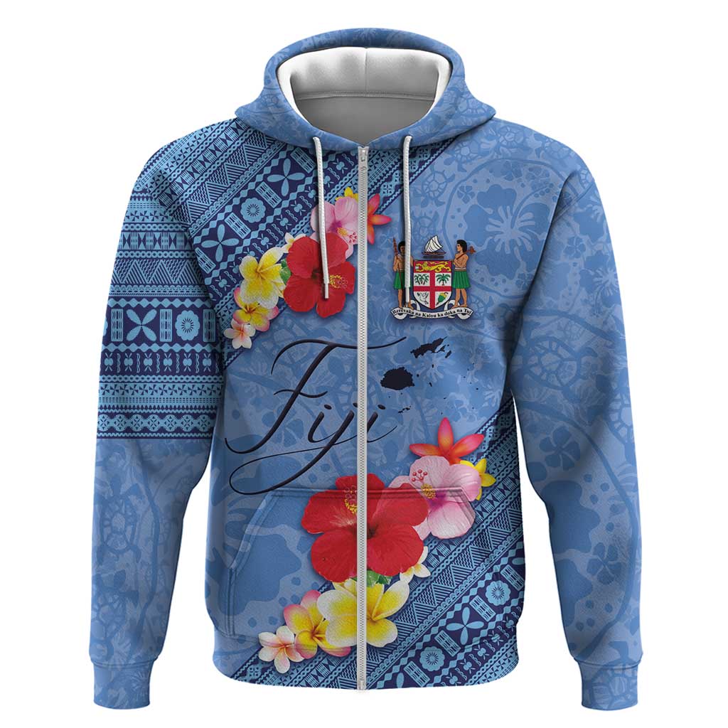 Bula Fiji Hibiscus and Plumeria Flowers Zip Hoodie Tapa Tattoo Polynesian Pattern LT03 Zip Hoodie Blue - Polynesian Pride